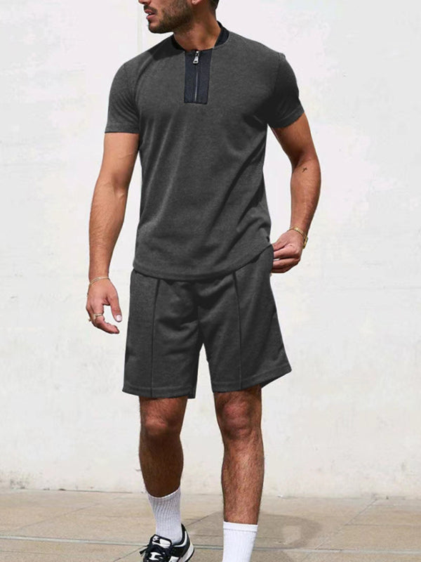 Men's Contrasting Color Waffle V-Neck Zipper T-Shirt + Shorts Casual Suit Shello's Creative Boutique