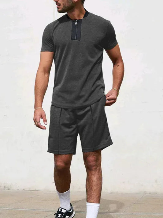 Men Contrasting Colour Waffle V-Neck Zipper T-Shirt + Shorts Casual Suit – The Ultimate - Shello's Creative Boutique