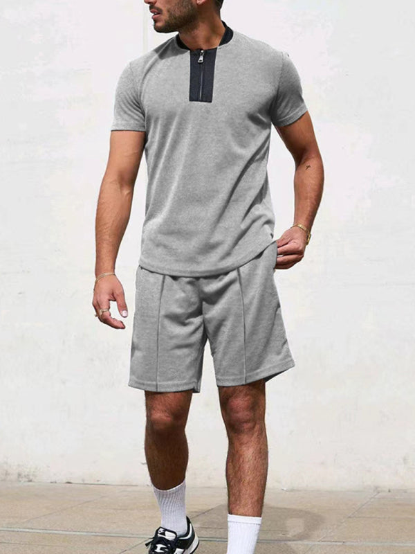 Men's Contrasting Color Waffle V-Neck Zipper T-Shirt + Shorts Casual Suit Shello's Creative Boutique