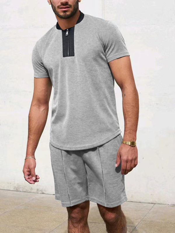 Men's Contrasting Color Waffle V-Neck Zipper T-Shirt + Shorts Casual Suit Shello's Creative Boutique