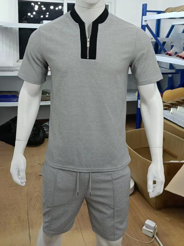 Men's Contrasting Color Waffle V-Neck Zipper T-Shirt + Shorts Casual Suit Shello's Creative Boutique
