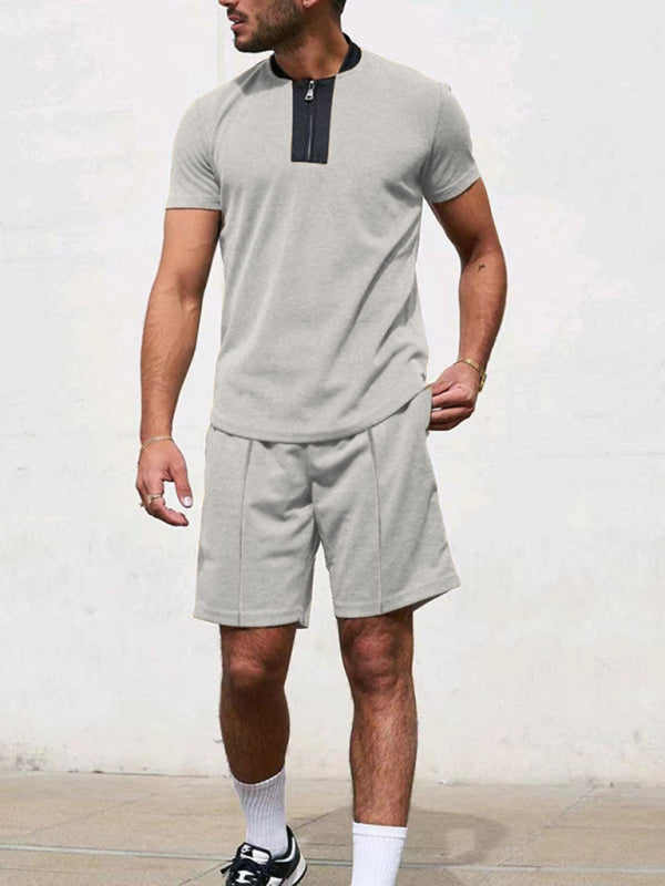 Men's Contrasting Color Waffle V-Neck Zipper T-Shirt + Shorts Casual Suit Shello's Creative Boutique