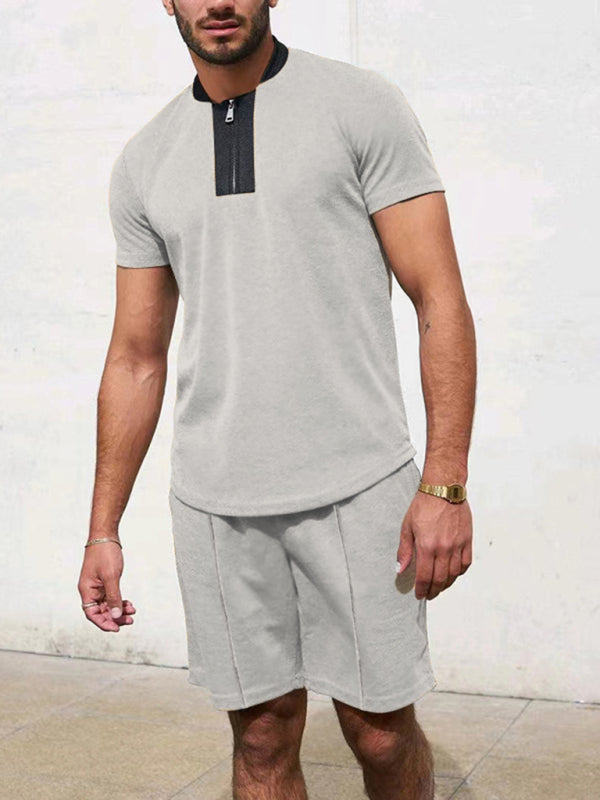 Men's Contrasting Color Waffle V-Neck Zipper T-Shirt + Shorts Casual Suit Shello's Creative Boutique