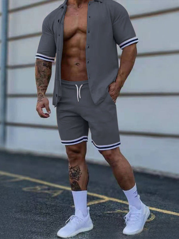 Men's color contrast lapel short-sleeved shirt + shorts two-piece suit Shello's Creative Boutique