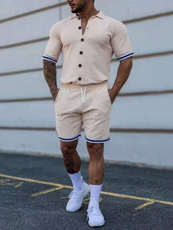 Men's color contrast lapel short-sleeved shirt + shorts two-piece suit Shello's Creative Boutique