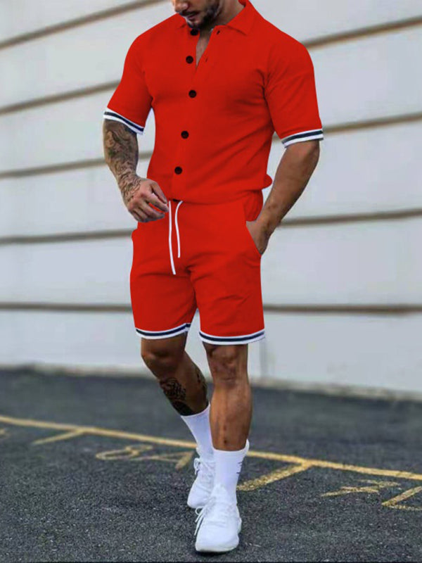 Men's color contrast lapel short-sleeved shirt + shorts two-piece suit Shello's Creative Boutique