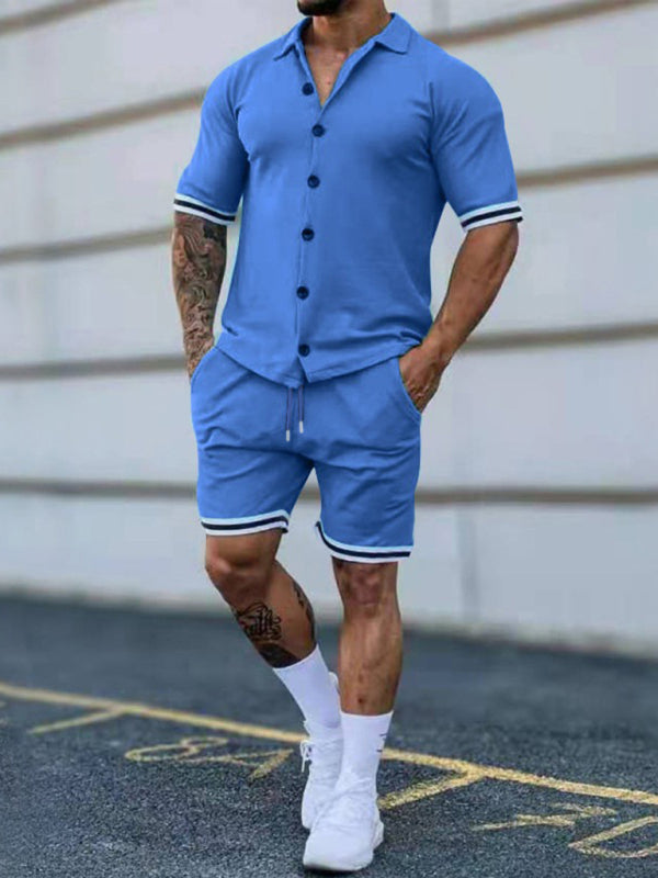 Men's color contrast lapel short-sleeved shirt + shorts two-piece suit Shello's Creative Boutique