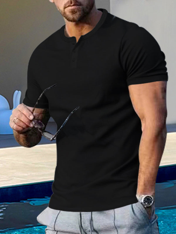 Men's Short Sleeve Henley Round Neck Slim Fit Athletic T-Shirt Shello's Creative Boutique