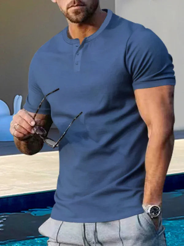 Men's Short Sleeve Henley Round Neck Slim Fit Athletic T-Shirt - Shello's Creative Boutique
