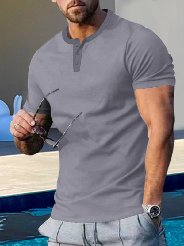 Men's Short Sleeve Henley Round Neck Slim Fit Athletic T-Shirt Shello's Creative Boutique