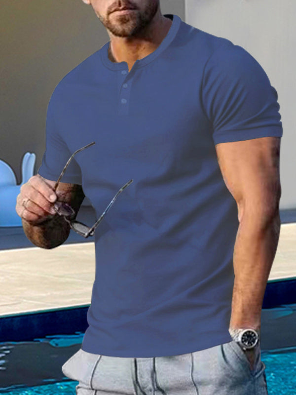 Men's Short Sleeve Henley Round Neck Slim Fit Athletic T-Shirt Shello's Creative Boutique