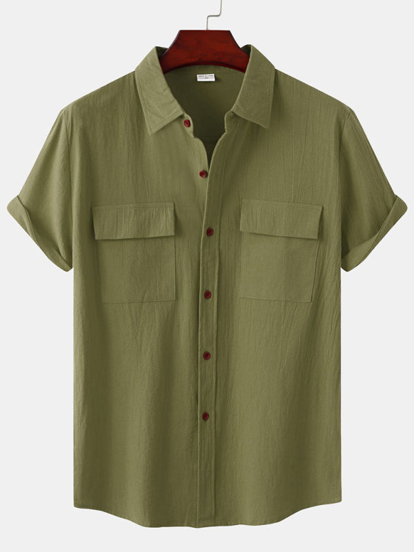 Men's Square Neck Casual Cotton Linen Shirt Linen Solid Color Half Sleeve Top Shello Creative Boutique