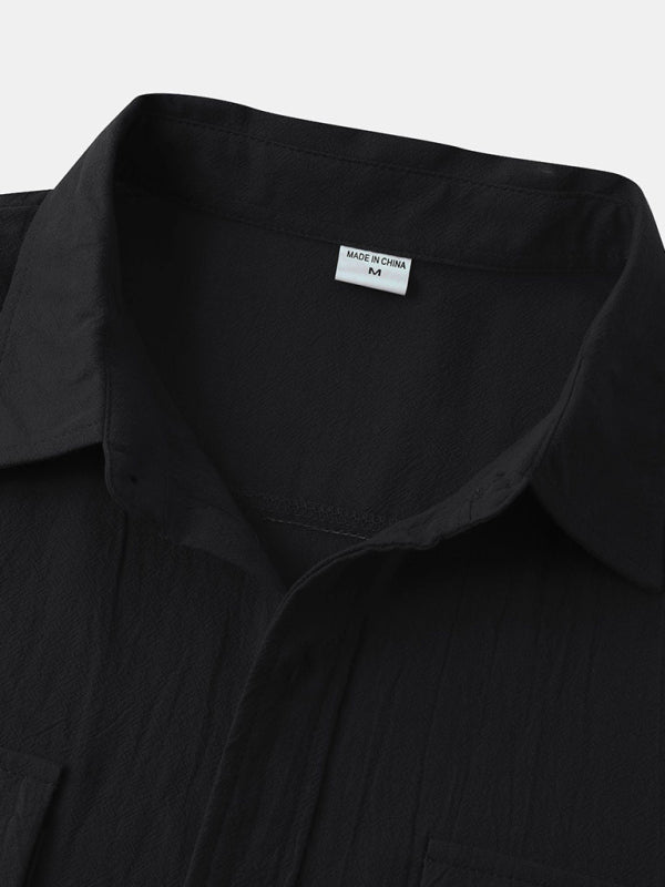 Men's Square Neck Casual Cotton Linen Shirt Linen Solid Color Half Sleeve Top Shello Creative Boutique