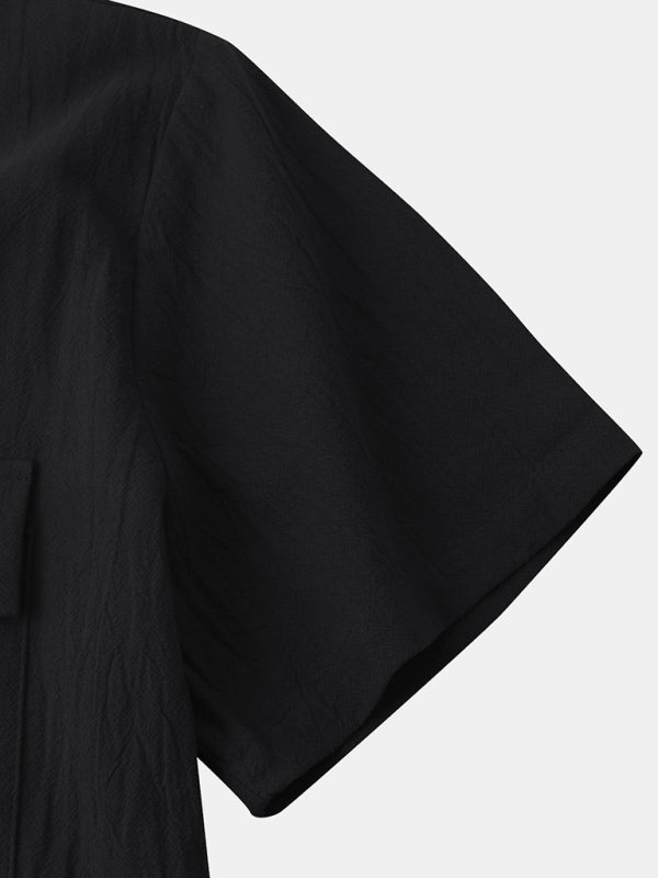 Men's Square Neck Casual Cotton Linen Shirt Linen Solid Color Half Sleeve Top Shello Creative Boutique