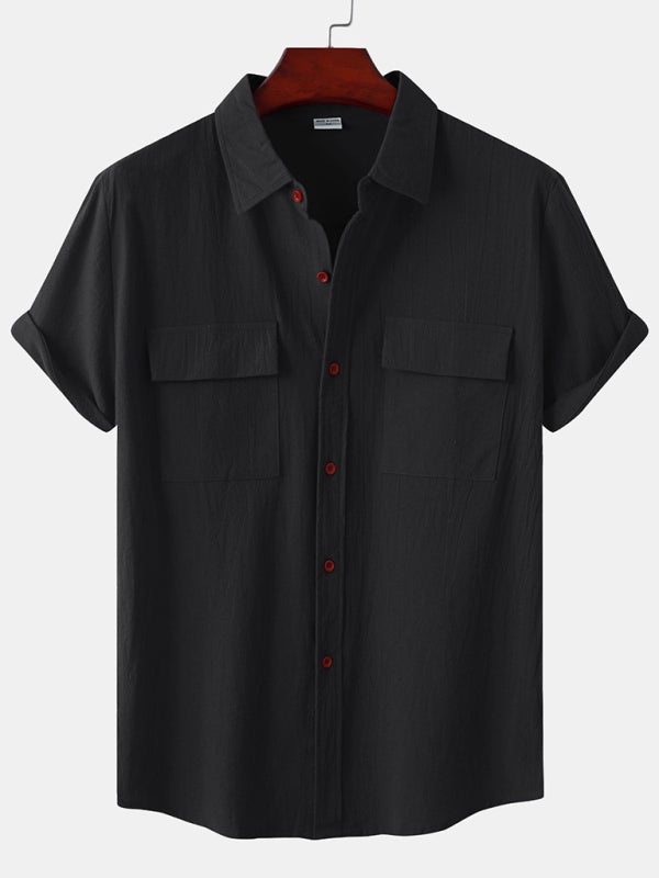 Men's Square Neck Casual Cotton Linen Shirt Linen Solid Color Half Sleeve Top Shello Creative Boutique