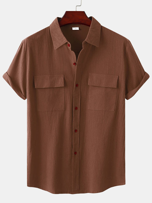 Men's Square Neck Casual Cotton Linen Shirt Linen Solid Color Half Sleeve Top Shello Creative Boutique