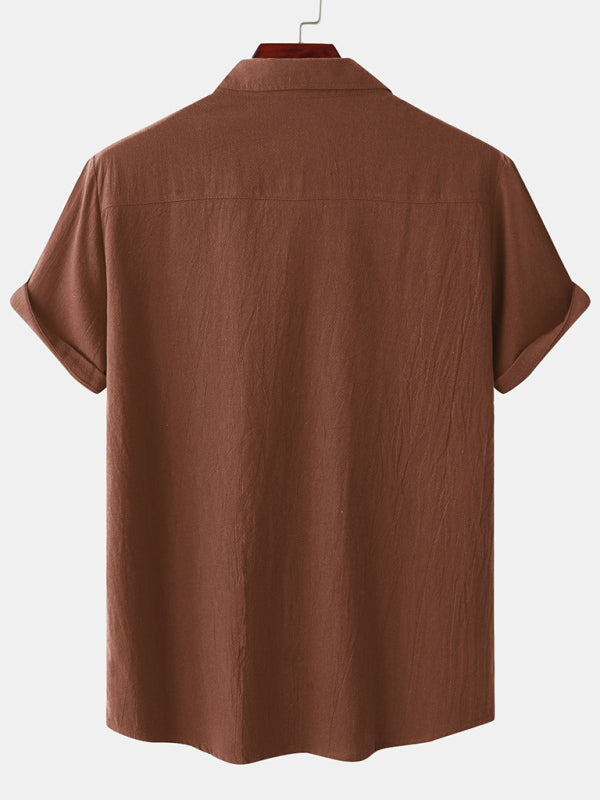 Men's Square Neck Casual Cotton Linen Shirt Linen Solid Color Half Sleeve Top Shello Creative Boutique