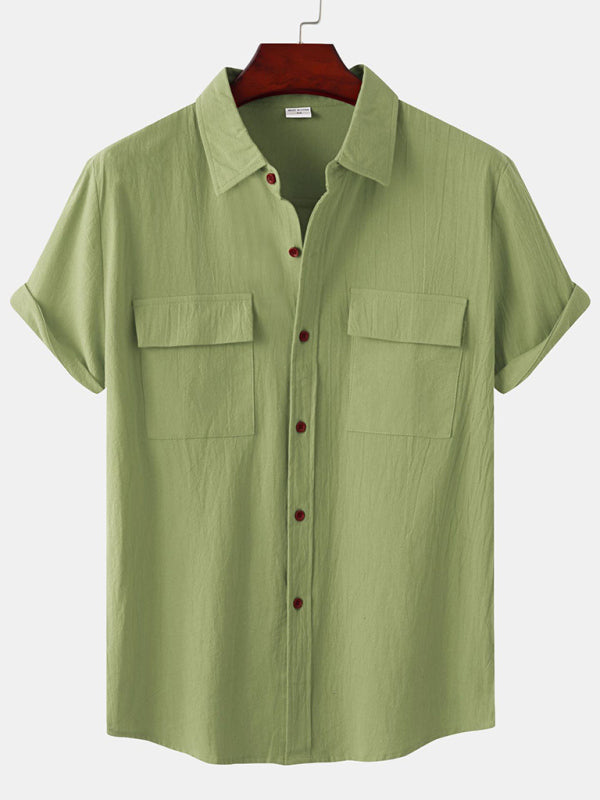 Men's Square Neck Casual Cotton Linen Shirt Linen Solid Color Half Sleeve Top Shello Creative Boutique
