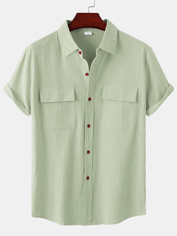 Men's Square Neck Casual Cotton Linen Shirt Linen Solid Color Half Sleeve Top Shello Creative Boutique