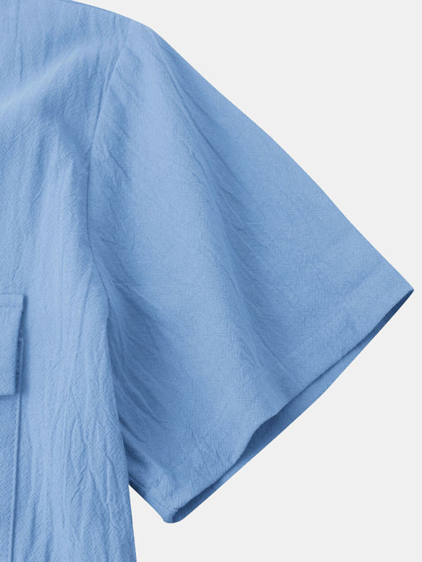 Men's Square Neck Casual Cotton Linen Shirt Linen Solid Color Half Sleeve Top Shello Creative Boutique