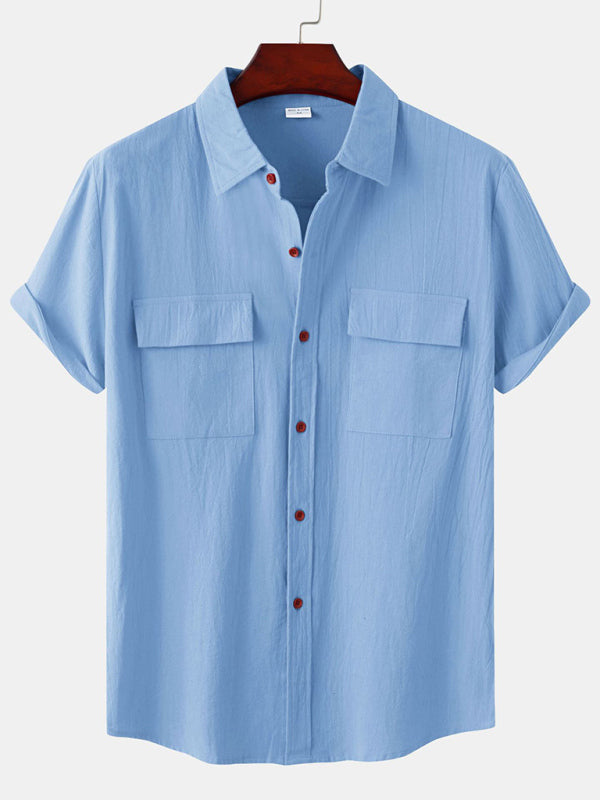 Men's Square Neck Casual Cotton Linen Shirt Linen Solid Color Half Sleeve Top Shello Creative Boutique