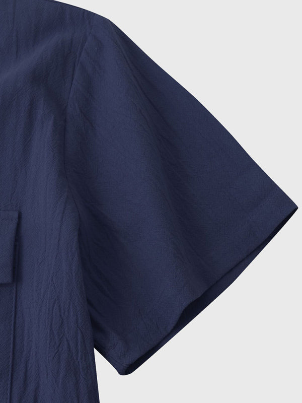 Men's Square Neck Casual Cotton Linen Shirt Linen Solid Color Half Sleeve Top Shello Creative Boutique