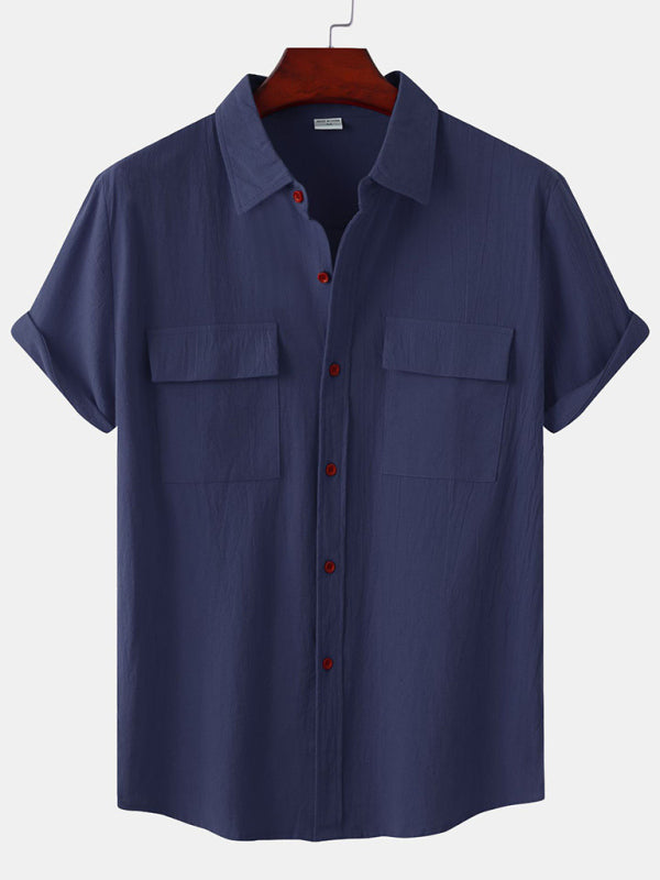 Men's Square Neck Casual Cotton Linen Shirt Linen Solid Color Half Sleeve Top Shello Creative Boutique