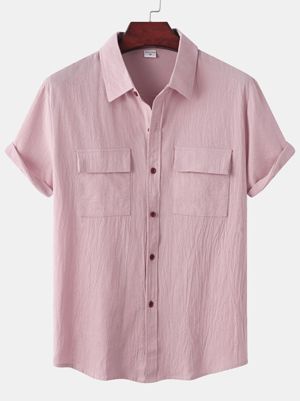 Men's Square Neck Casual Cotton Linen Shirt Linen Solid Color Half Sleeve Top Shello Creative Boutique