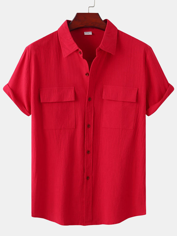 Men's Square Neck Casual Cotton Linen Shirt Linen Solid Color Half Sleeve Top Shello Creative Boutique