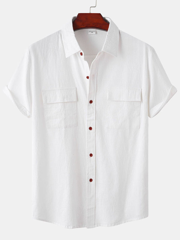 Men's Square Neck Casual Cotton Linen Shirt Linen Solid Color Half Sleeve Top Shello Creative Boutique