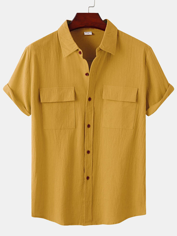 Men's Square Neck Casual Cotton Linen Shirt Linen Solid Color Half Sleeve Top Shello Creative Boutique