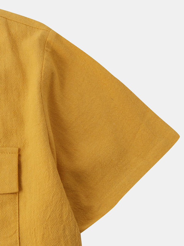 Men's Square Neck Casual Cotton Linen Shirt Linen Solid Color Half Sleeve Top Shello Creative Boutique