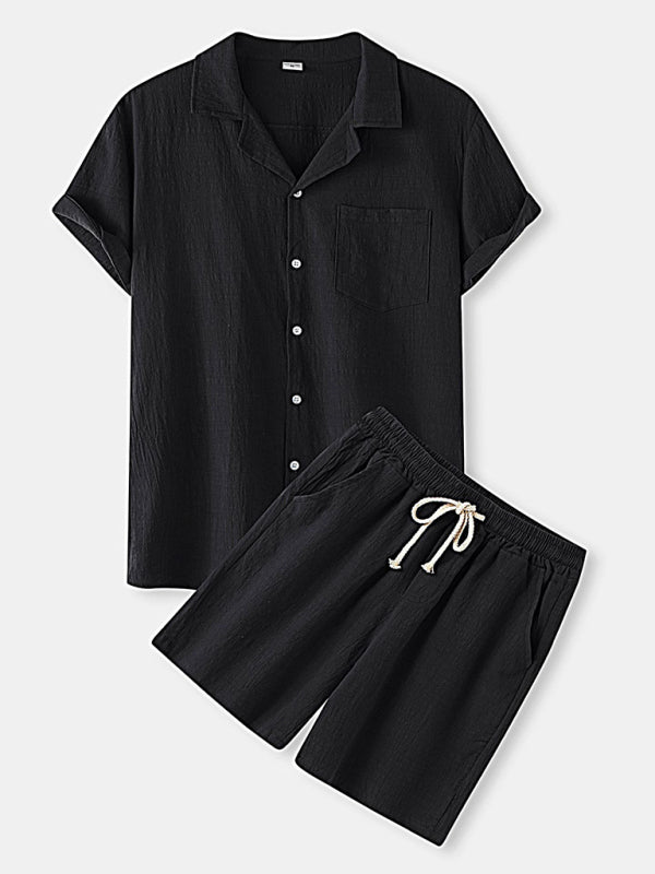 Men's solid color short-sleeved T-shirt shorts cotton linen casual suit Shello's Creative Boutique