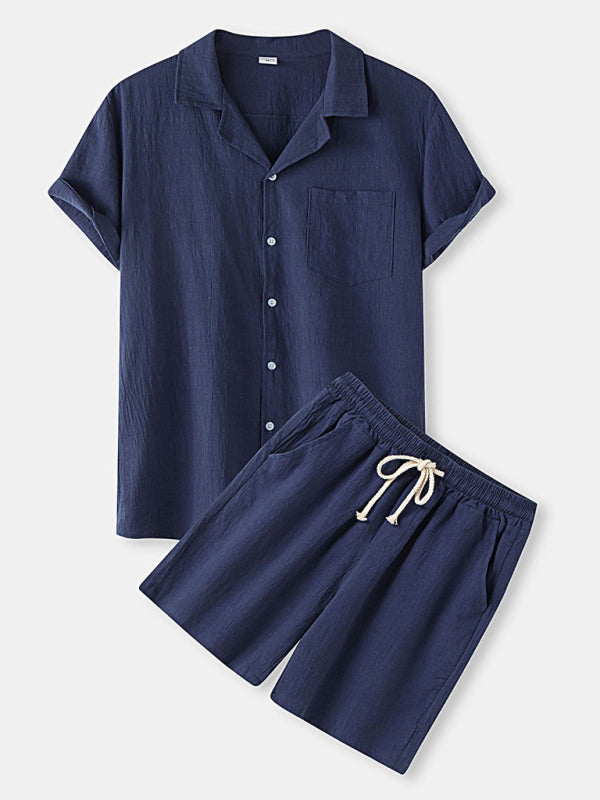 Men's solid color short-sleeved T-shirt shorts cotton linen casual suit Shello's Creative Boutique