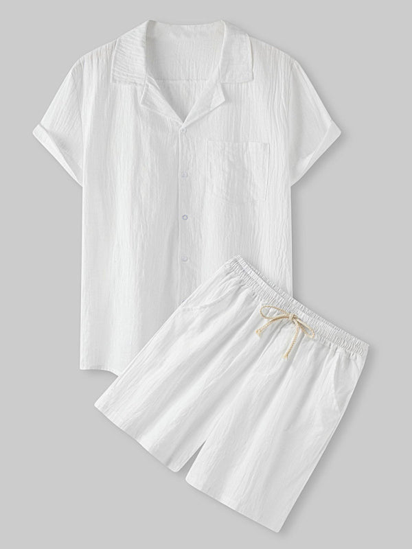 Men's solid color short-sleeved T-shirt shorts cotton linen casual suit Shello's Creative Boutique