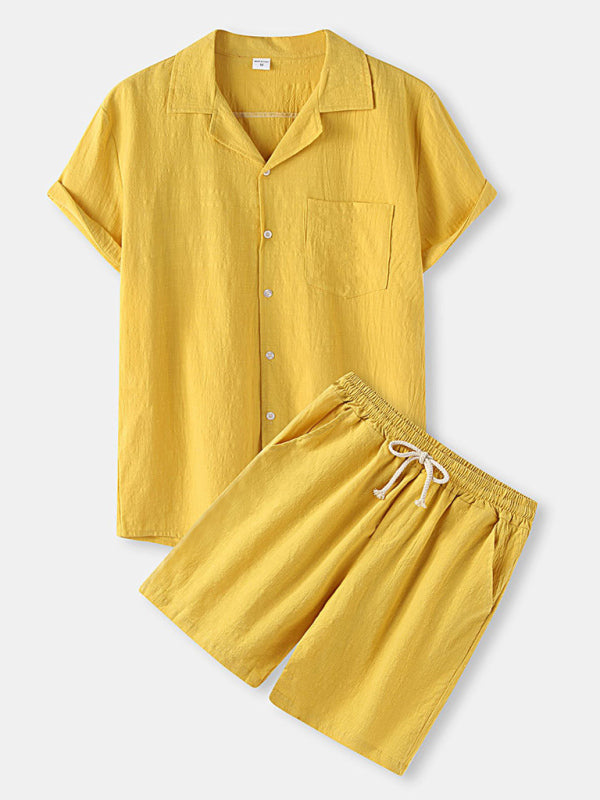 Men's solid color short-sleeved T-shirt shorts cotton linen casual suit Shello's Creative Boutique