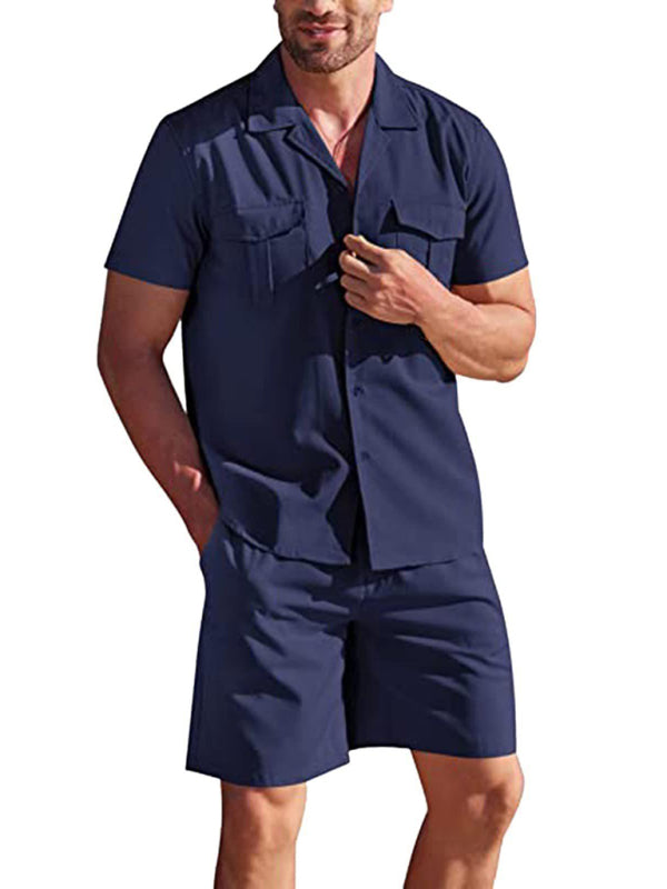 Men's Short-sleeved Shirt Set Casual Cotton Linen Cardigan Shirt + Shorts Shello's Creative Boutique