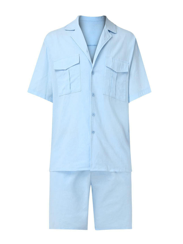 Men's Short-sleeved Shirt Set Casual Cotton Linen Cardigan Shirt + Shorts Shello's Creative Boutique