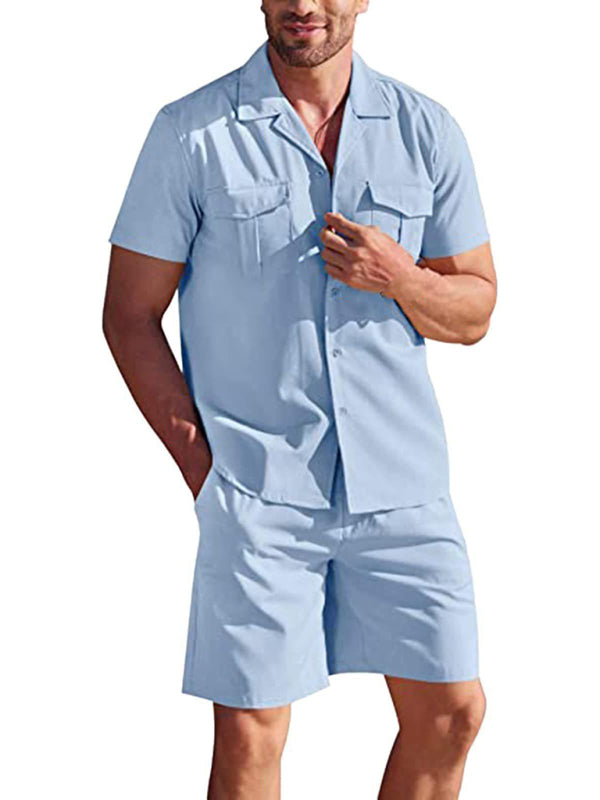 Men's Short-sleeved Shirt Set Casual Cotton Linen Cardigan Shirt + Shorts Shello's Creative Boutique