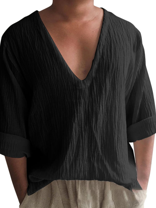Men's New Long Sleeve Solid Color V Neck Washed Water Cotton T-Shirt Shello's Creative Boutique