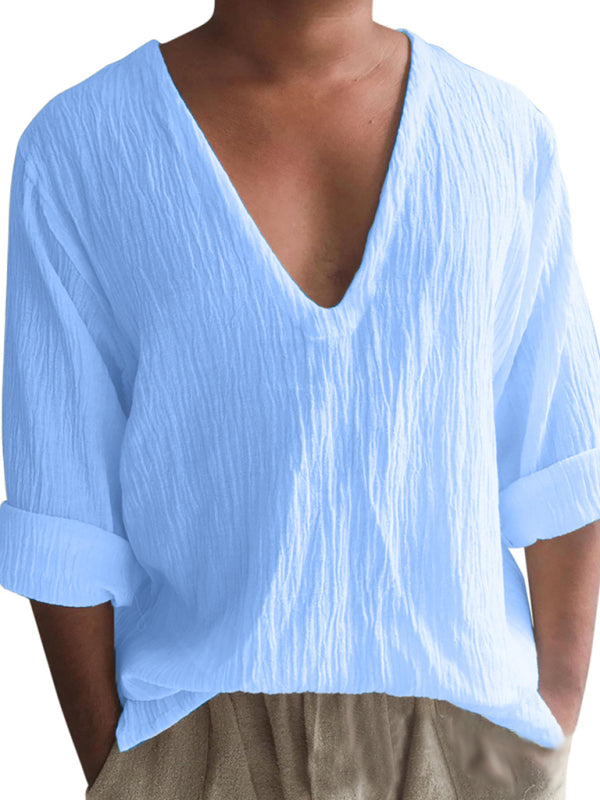Men's New Long Sleeve Solid Color V Neck Washed Water Cotton T-Shirt Shello's Creative Boutique