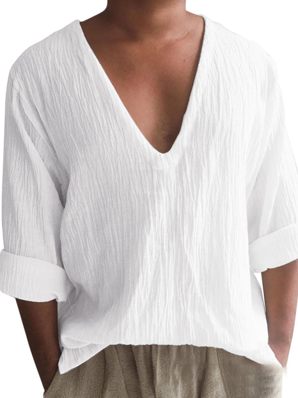 Men's New Long Sleeve Solid Color V Neck Washed Water Cotton T-Shirt Shello's Creative Boutique