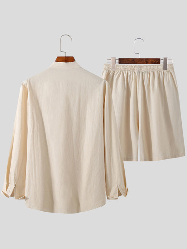 Men's casual cotton and linen suit home service loose long-sleeved shorts two-piece set Shello's Creative Boutique