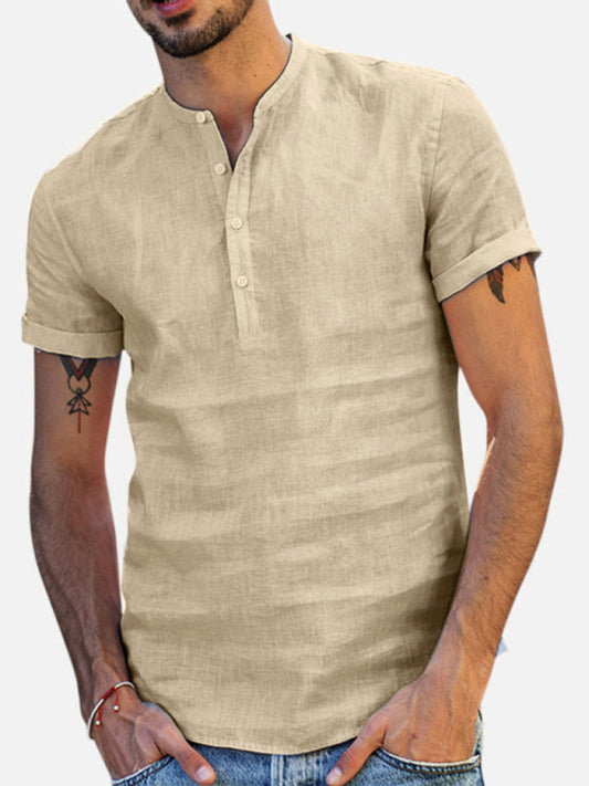 Men's Stand Collar Short Sleeve V Neck Cotton Linen Shirt Shello's Creative Boutique