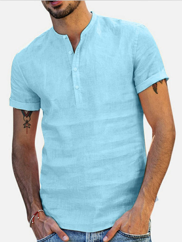 Men's Stand Collar Short Sleeve V Neck Cotton Linen Shirt Shello's Creative Boutique
