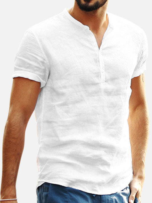 Men's Stand Collar Short Sleeve V Neck Cotton Linen Shirt Shello's Creative Boutique