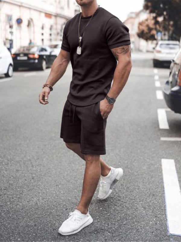 New Men's Casual Solid Color Short Sleeve Shorts Two-Piece Set Shello Creative Boutique