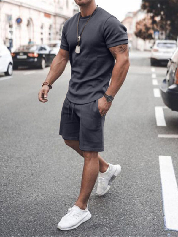 New Men's Casual Solid Color Short Sleeve Shorts Two-Piece Set Shello Creative Boutique