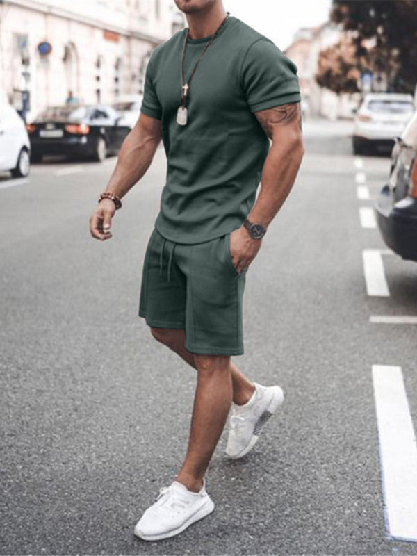 New Men's Casual Solid Color Short Sleeve Shorts Two-Piece Set Shello Creative Boutique