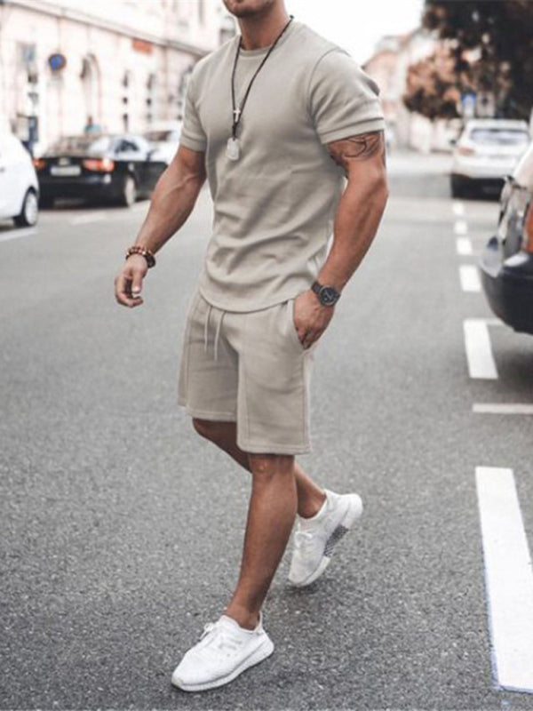 New Men's Casual Solid Color Short Sleeve Shorts Two-Piece Set Shello Creative Boutique